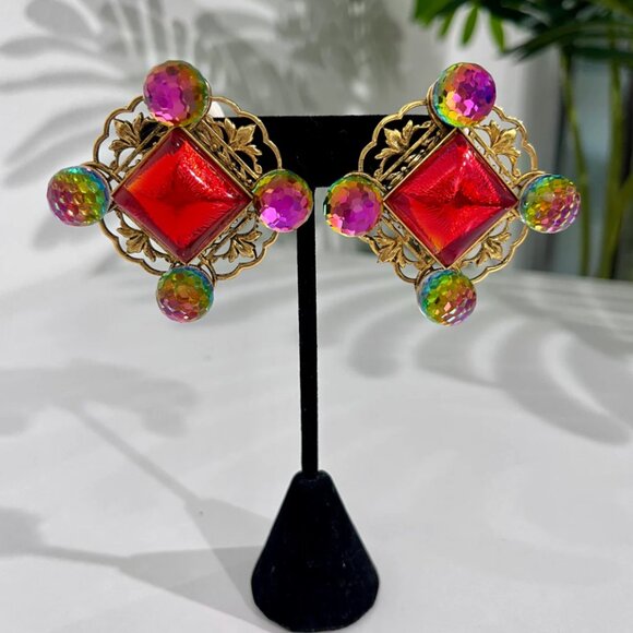 Vintage Yves Saint Laurent Red & AB Crystal Clip Earrings Regular priceSale pric - Picture 1 of 5